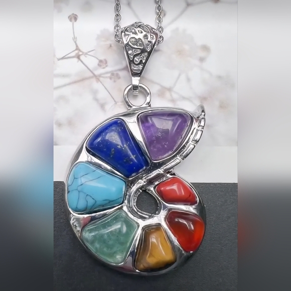None Jewelry - Multicolor Nautilus Natural 7 Stone Pendant Necklace